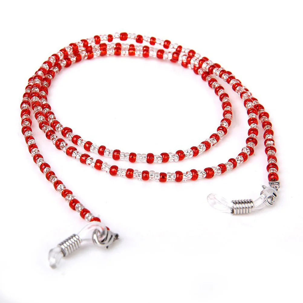 

60cm Fashion Crystal Beads Eyeglass Chain Red Clear Adjustable Rubber Grips Silver Plated Coils Easy Install Remove Decorative