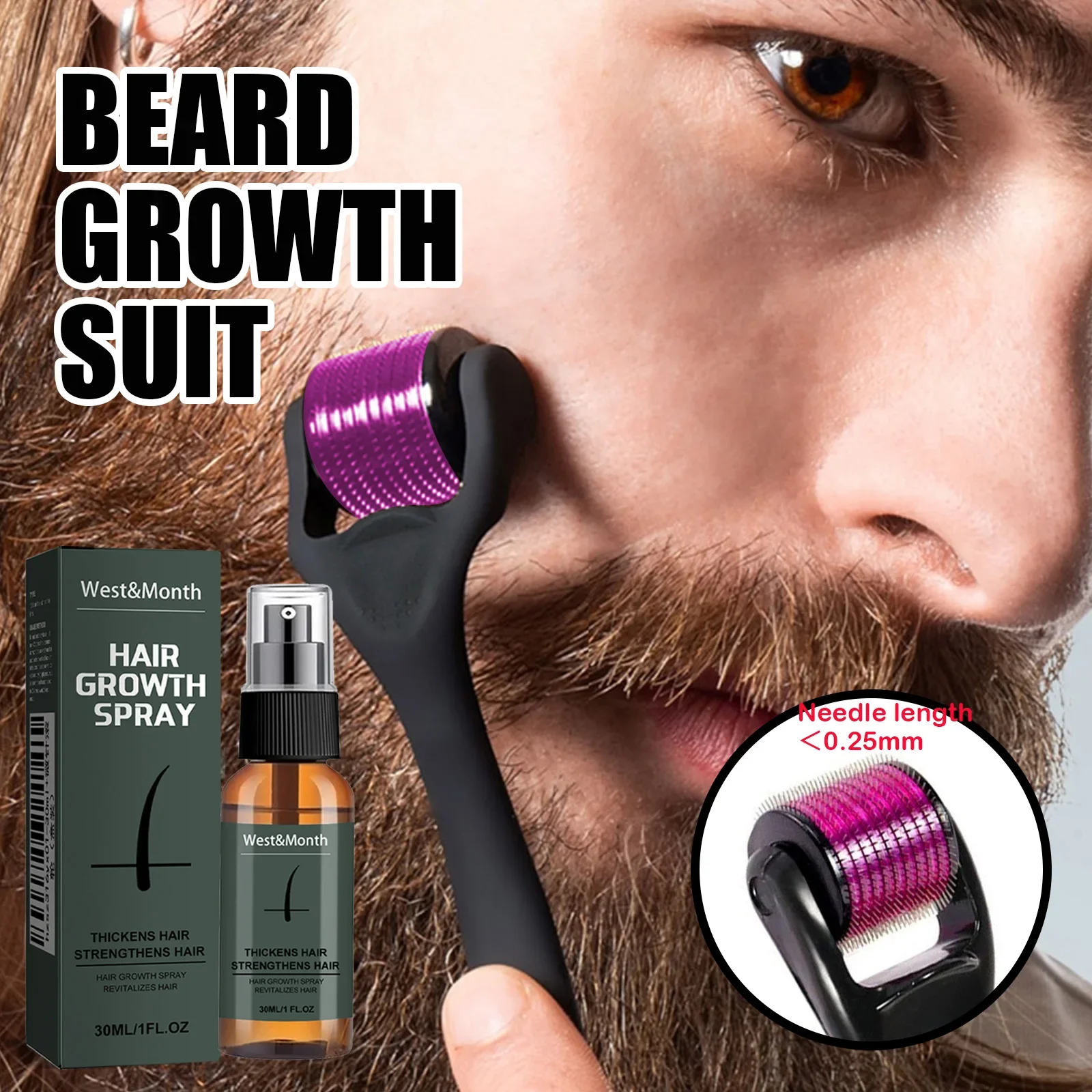 Men's Beard Spray Kit with Micro Roller 0.25mm Moisturizing Thicken Facial Hair Beard Boosting Essence Nourishing Spray Bear