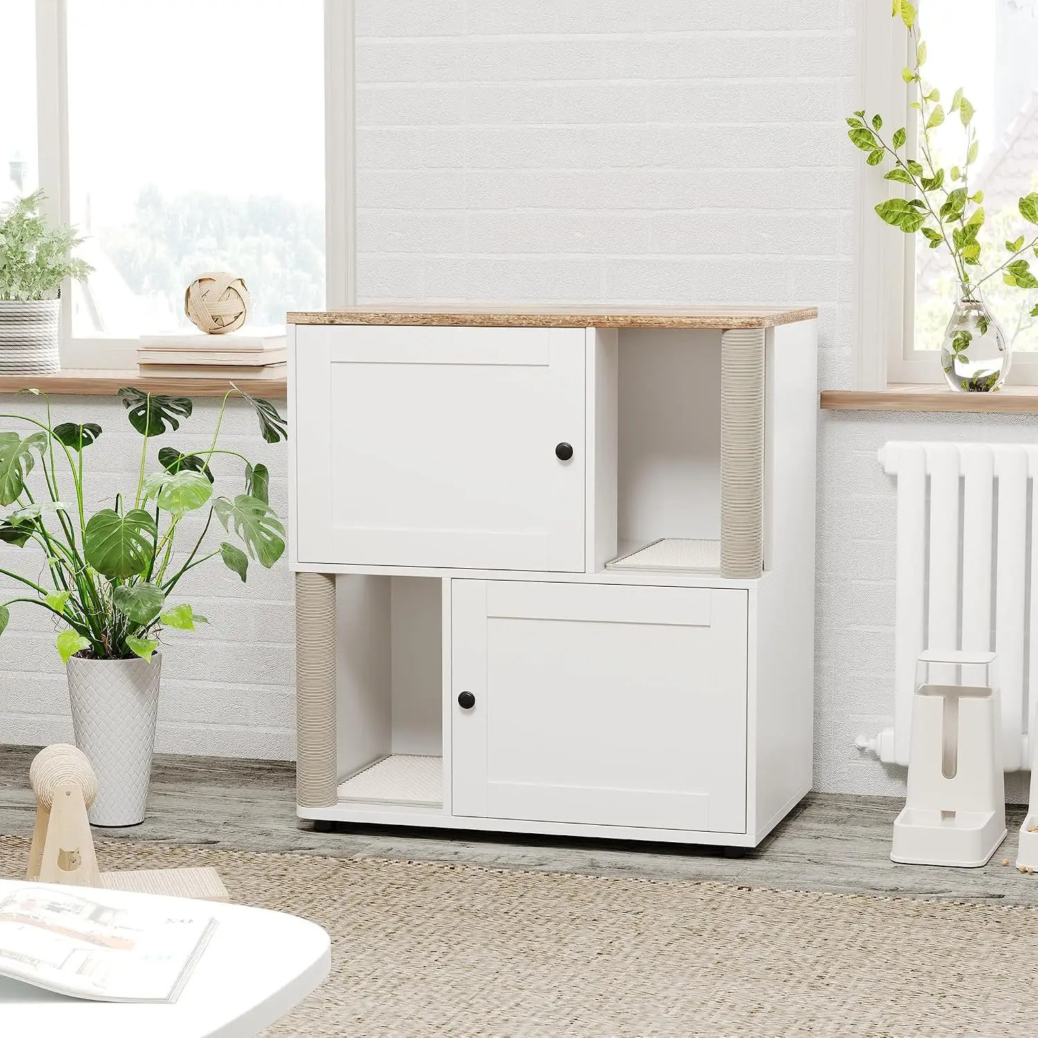 Wooden Cat Litter Box Enclosure with Sisal Scratching Posts, Hidden Cat House Cabinet, Washroom Bench for Large Cats, Customized