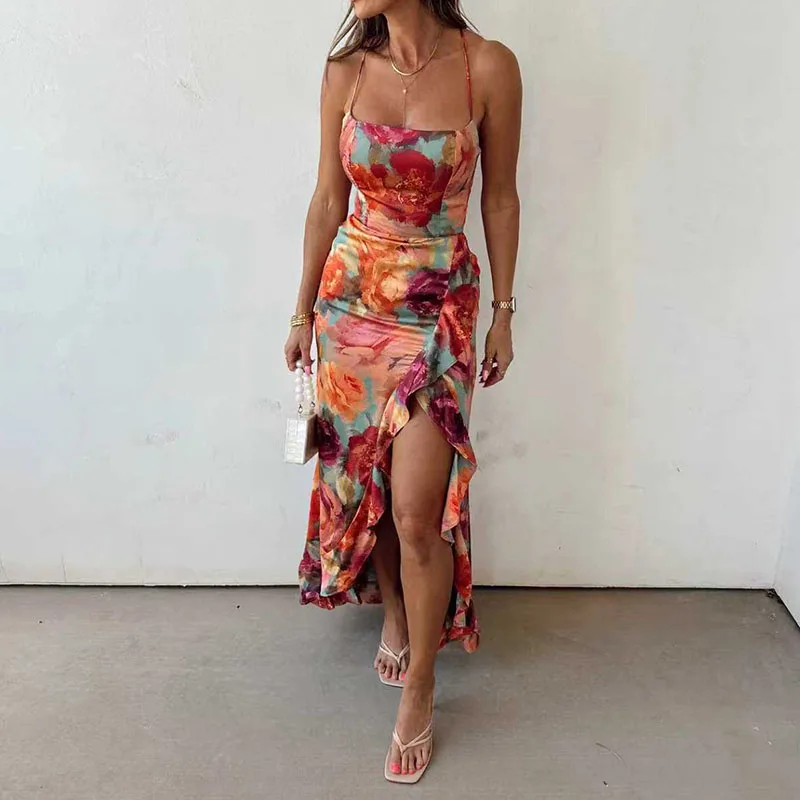 Casual mouwloze backless tie-up jurk zomer nieuwe laag uitgesneden geplooide avondjurk mode hete meisje onregelmatige bloemen bedrukte jurk