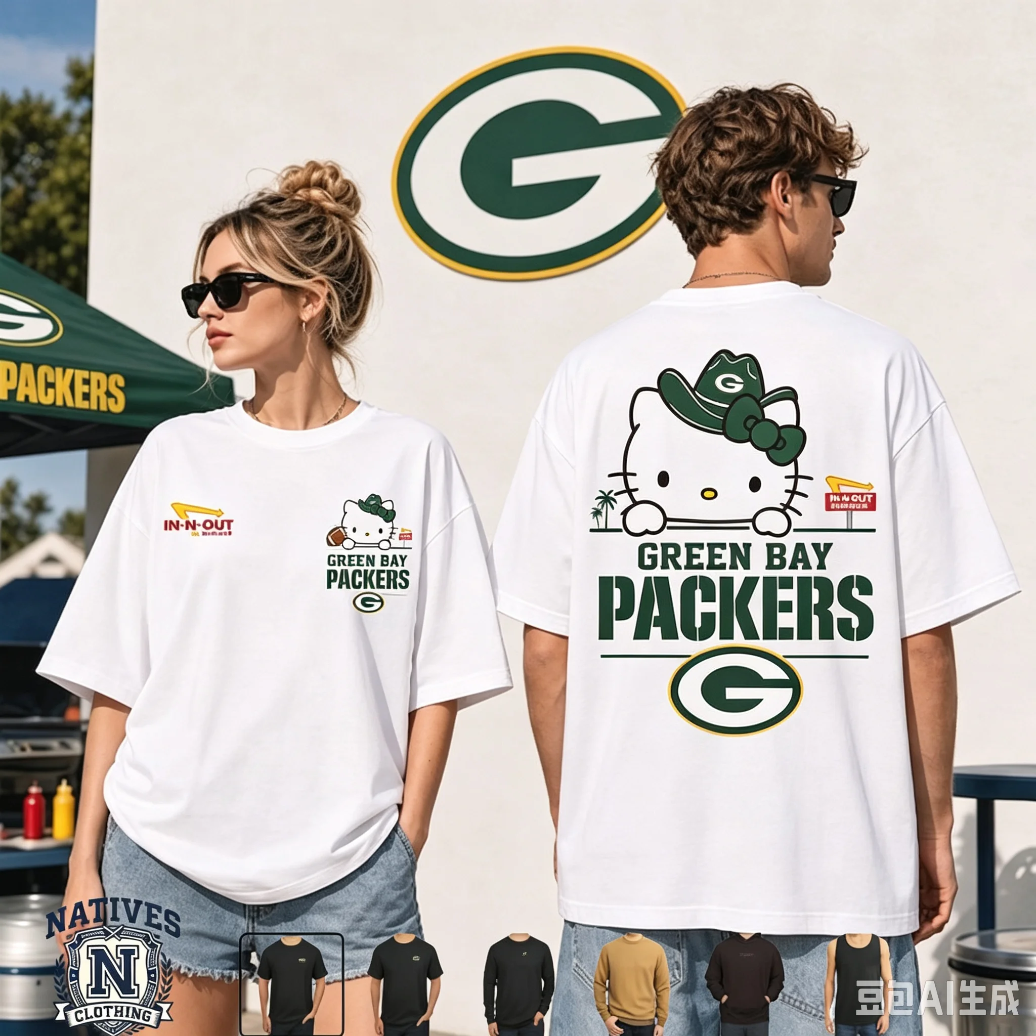 Kawaii Hello Kitty Green Bay Packers Football T Shirt Cute Cowboy Hat Kitty Print Casual Couple Short Sleeve
