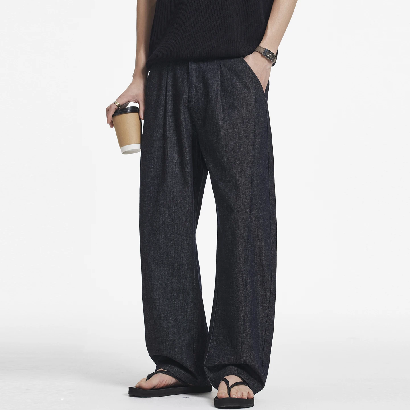 Summer Multi-pleated Elastic Waist Wide Leg Pant Men Korean Streetwear Fashion Loose Casual Suit Pants Commuter Trousers