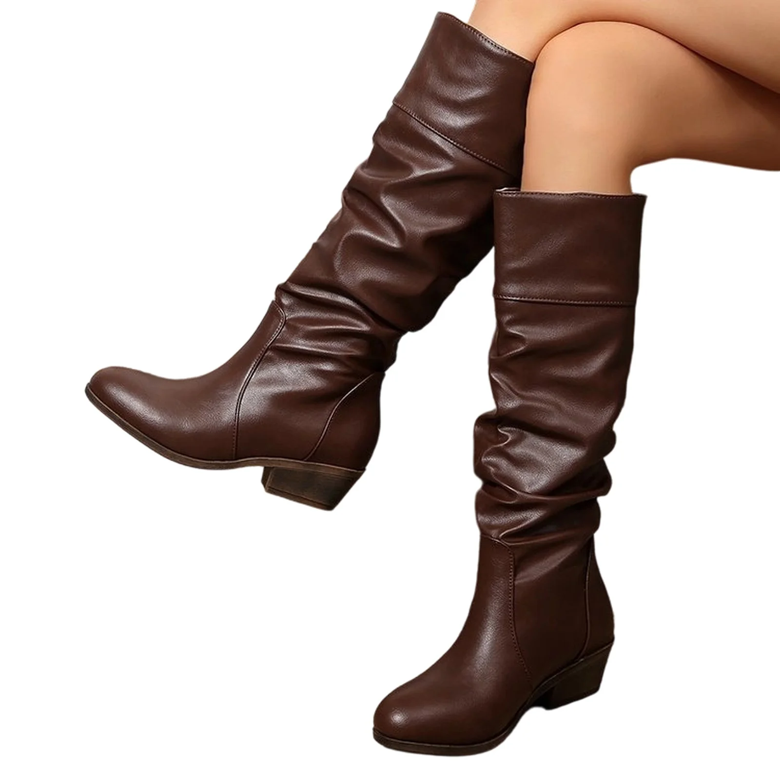 

Winter New Women's Mid-Calf Boots Fashion Pleated Modern Boots Round Toe Slip-On Street Style Trends Low Heels Boots