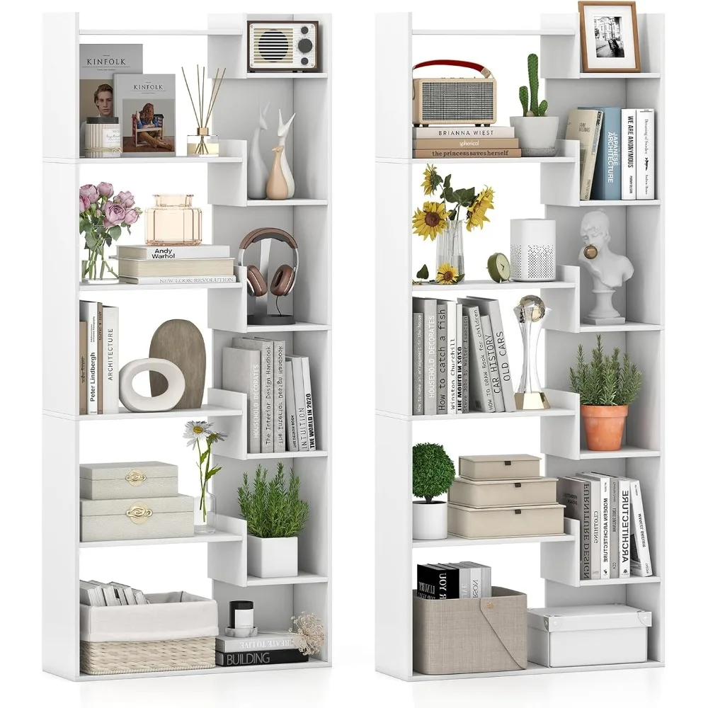 

6-Tier Bookshelves Set of 2, Wooden Bookcase with Staggered Shelves, Open Display Shelf w/2 Anti-Tipping Kits