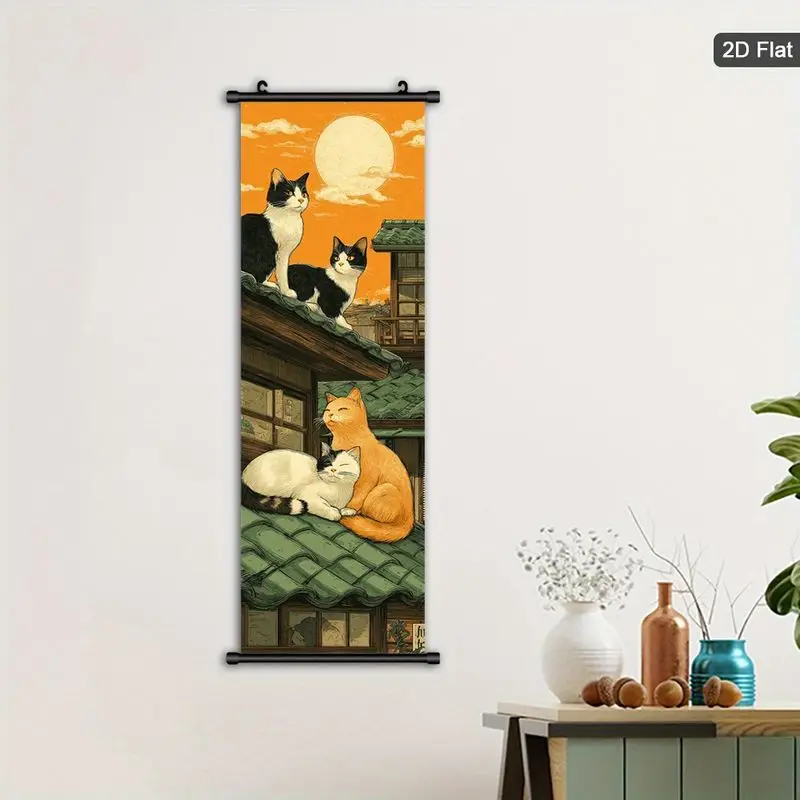 Vertical Scroll Cat Tapestry Decoration Retro Japanese Scroll Mural Living Room Entrance Wall Room Decoration