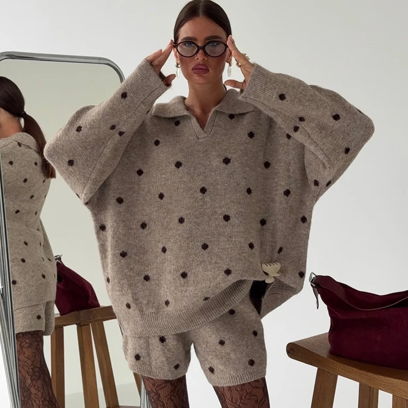 Polka Dot Knit Women Set V Neck Loose Fit Sweater Shorts Matching Outfit Autumn Daily Casual Street Ladies 2 Piece Knit Set