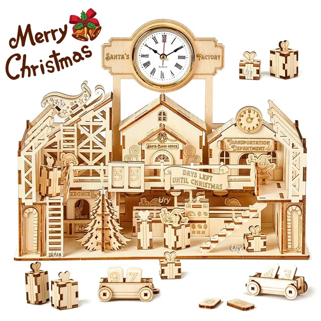 Ury Drewniane Puzzle 3D Świąteczny Zegar Stołowy Fabryczny Kalendarz Odliczający Retro Zabawka dla Dorosłych Zestaw Modelarski DIY Dekoracja Prezent