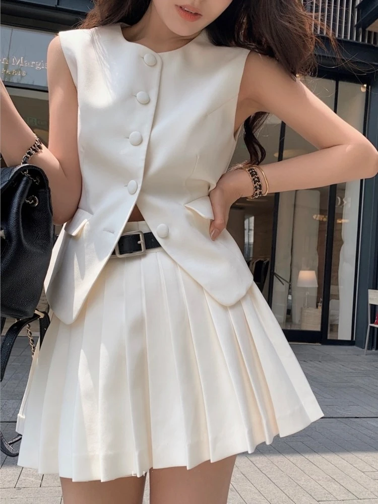 Korean Fashion Summer Pleated Skirt 2 Piece Set Women Elegant Sleeveless Button Tops+Wide Leg Pants Suits Y2k Casual Outfits