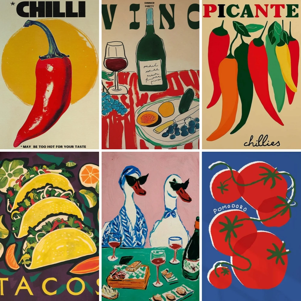 Pósteres Retro de Patos y Vino, Impresión en Lienzo de Comida y Chile para Cocina, Decoración Divertida para Pared de Comedor, Mural para el Hogar, Cuadros
