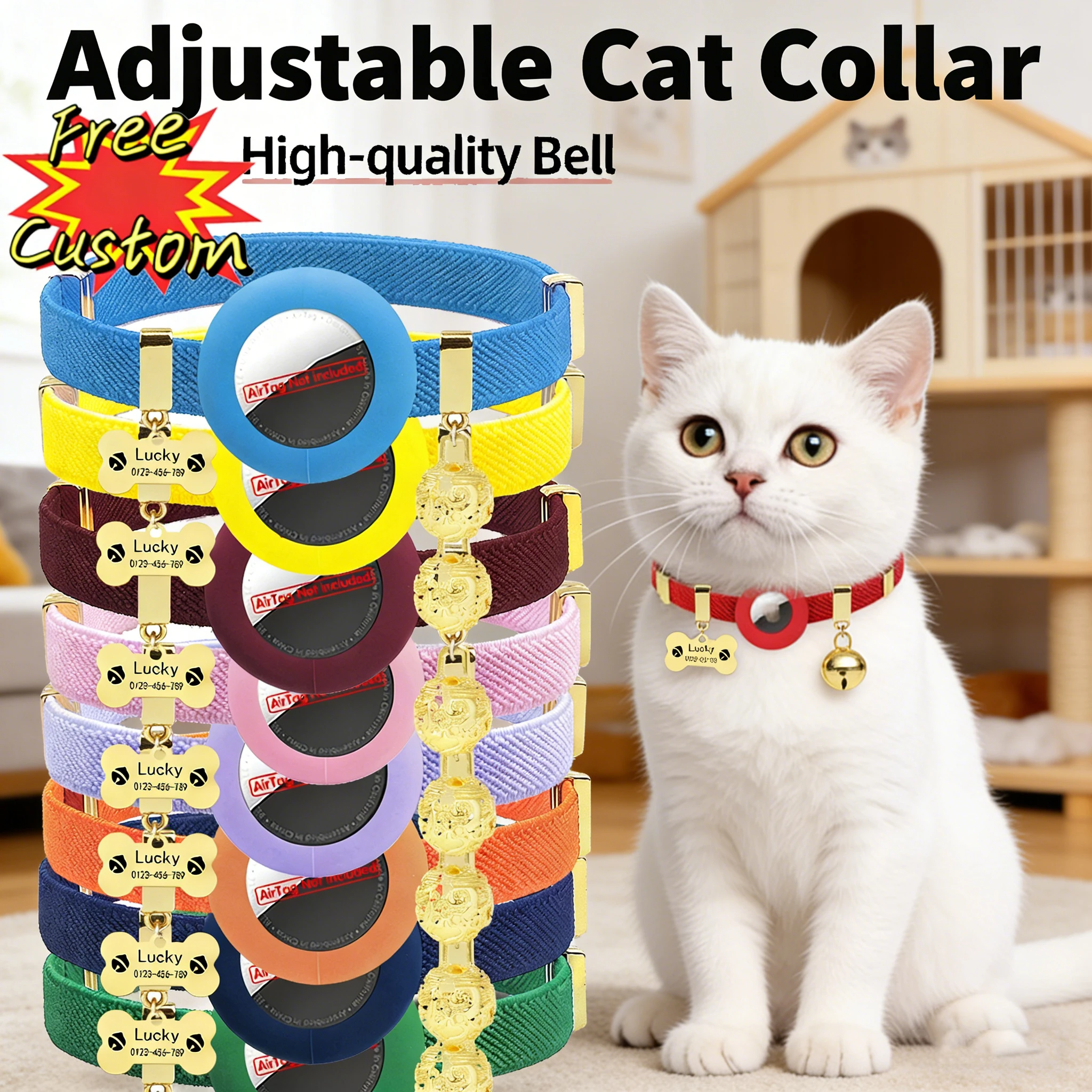 

Customized AirTag Cat Collar with Bell Holder Pet ID Name Tag GPS Tracker Necklace Breakaway Dogs Cute Anti Lost Kittens Collars