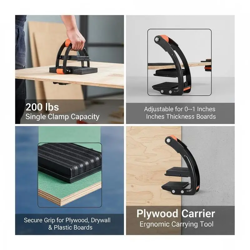Panel Lifter 0-1 Inches For Construction Renovation Material Transport, 200 lbs Capacity Adjustable Metal Gripper Rubber Handle Sheet Carrier Manual Lifting Tool Plywood Drywall Plastic Board Helper view 5