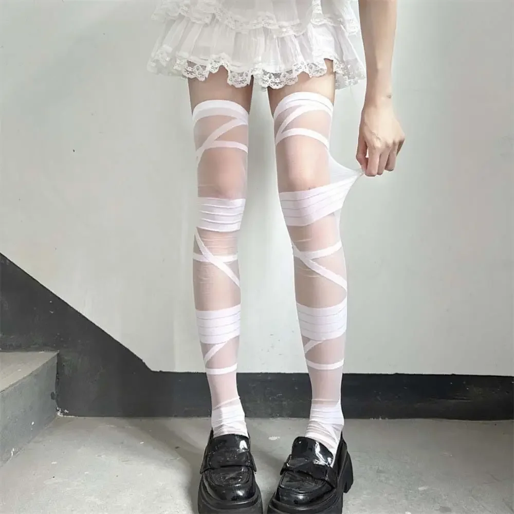 جوارب شريطية شفافة مرنة عادية رقيقة جدا لوليتا JK نمط عالية أنبوب الجوارب الطويلة النايلون تنفس الشارع الشهير