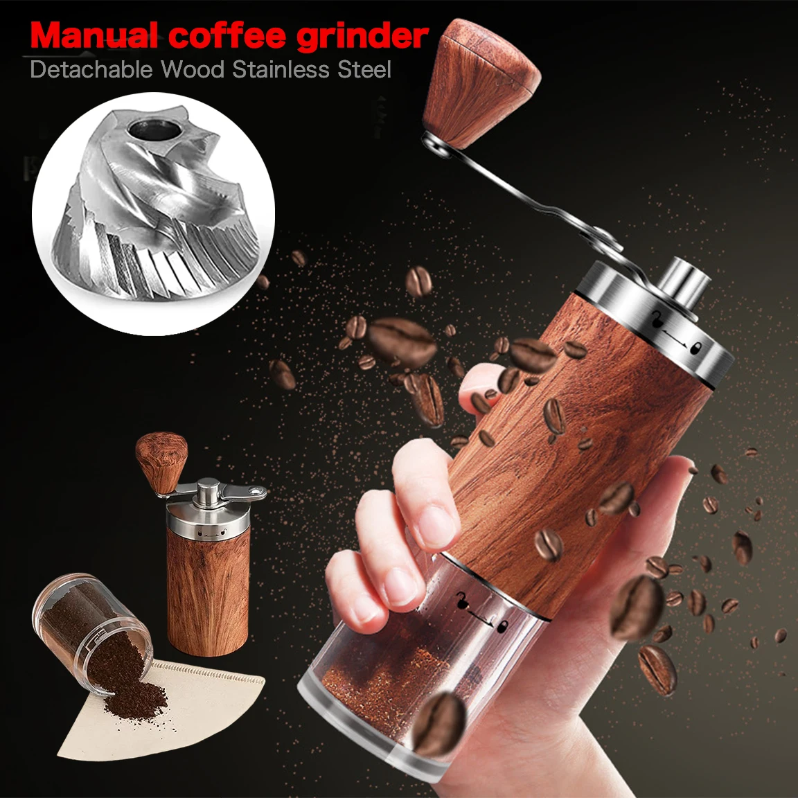 

Upgraded Wood Stainless Steel Manual Coffee Bean Grinder with Adjustable Bean Grind Size Hand Made Portable Kitchen Accessories