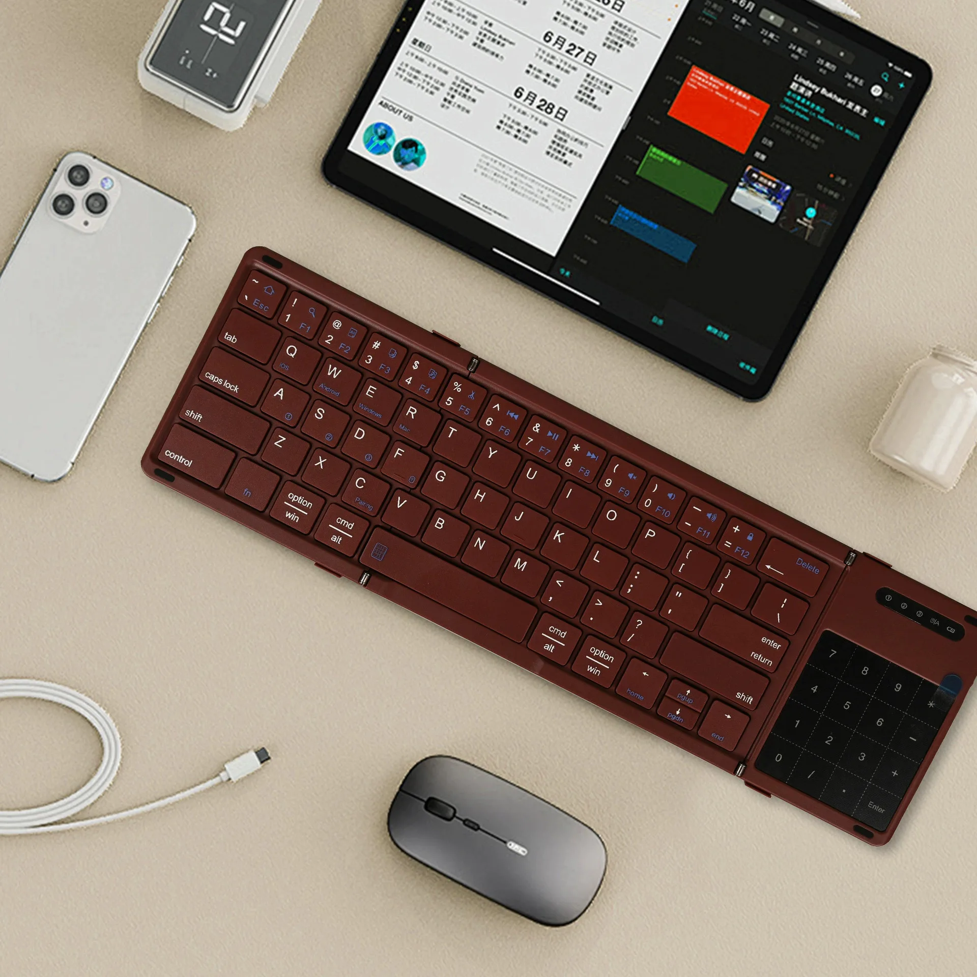 Wireless Foldable Keyboard Ultra Slim Touchpad Bluetooth Keyboard Rechargeable Folding Keyboard for Tablet Laptop