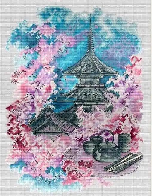 cross stitch kit landscape 14ct   count canvas stitching embroidery DIY handmade needlework cute little Sakura Chinese tea 35-44