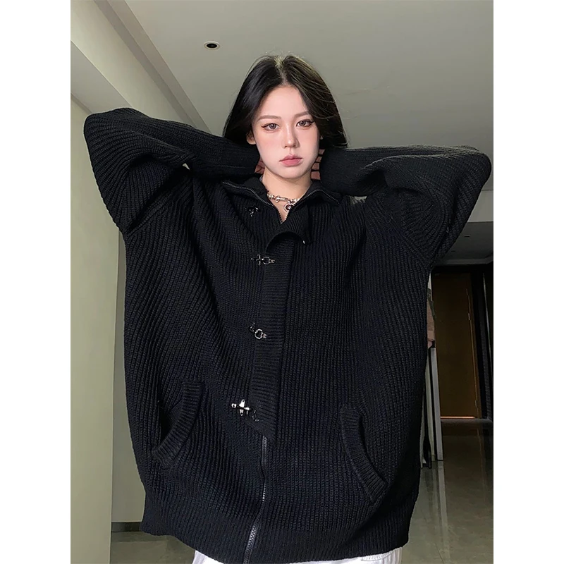 MEXZT Y2K Knitted Cardigan Women Streetwear Black Oversized Sweater Coat Harajuku Gothic Buttons Zipper Knitwear Casual Jumpers