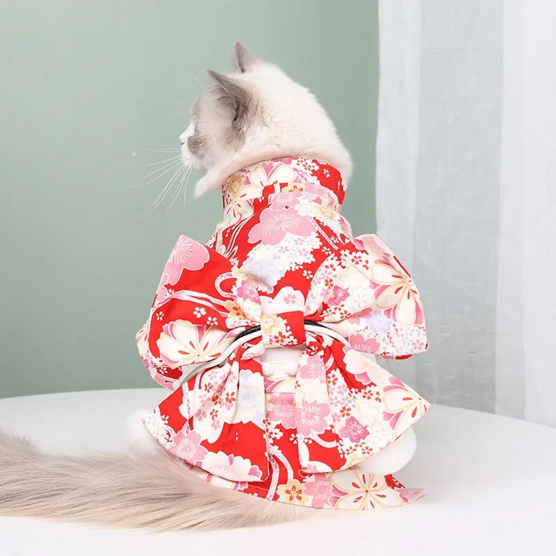 

Pet Costume Cosplay Japanese Kimono Animal Clothes Cute Dress with Bow Tie for Dog Cat Role Play Outfit Halloween Carnival Party