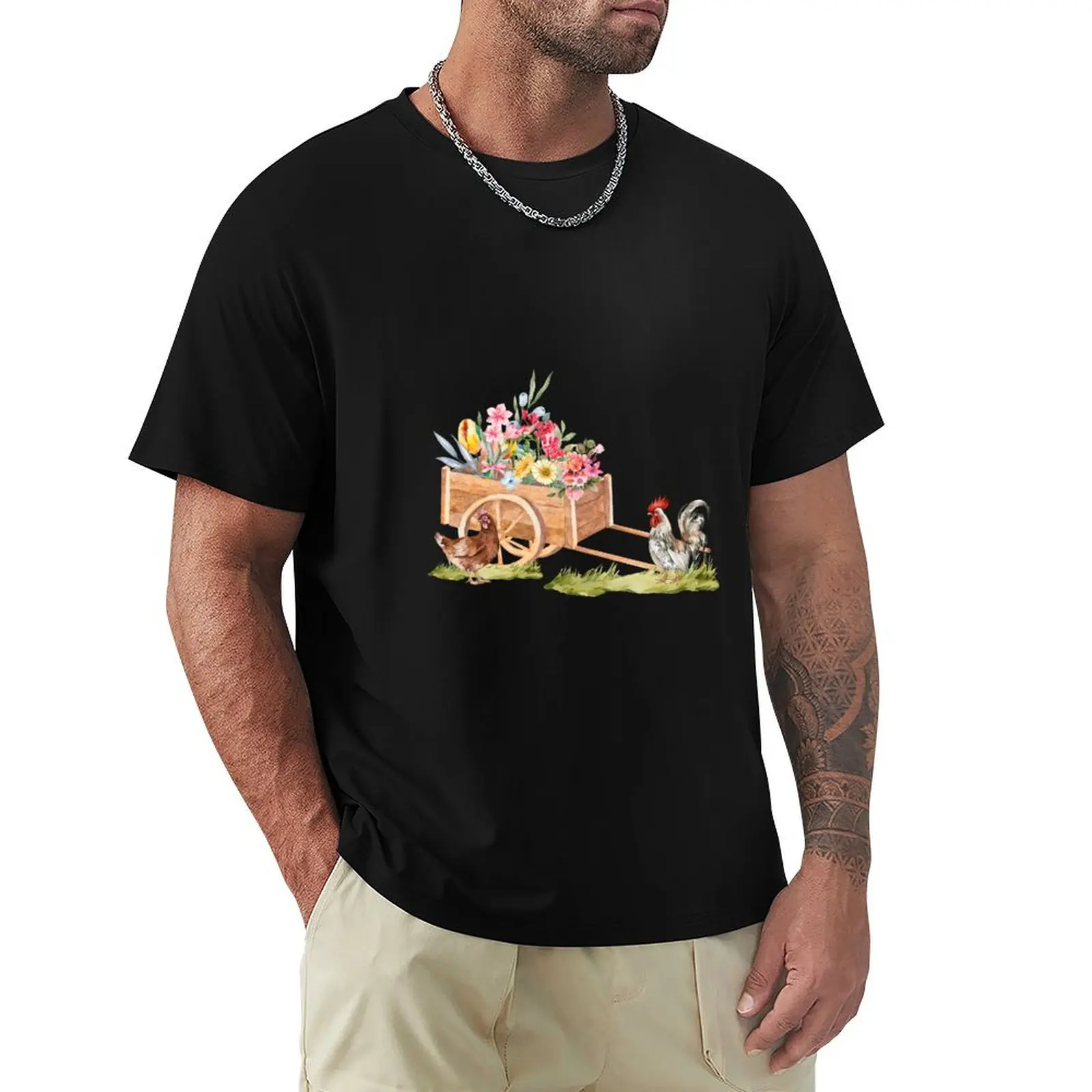 Spring watercolor illustration : wooden cart with flowers near a hen and a rooster T-Shirt t shirts for man cotton funny T-Shirt