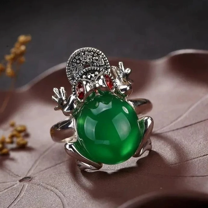 Personality Jade Spittor Coin Design Women Ring Adjustable Ethnic Style Lucky Coin Ring Female Index Finger Accessories
