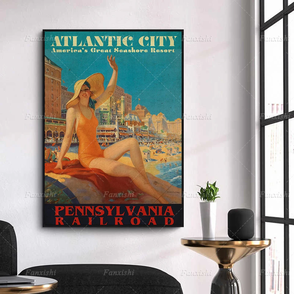 

Print Modular Pictures Home Decor Atlantic City Vintage Travel Canvas Painting Vintage Landscape Poster Wall Art For Living Room