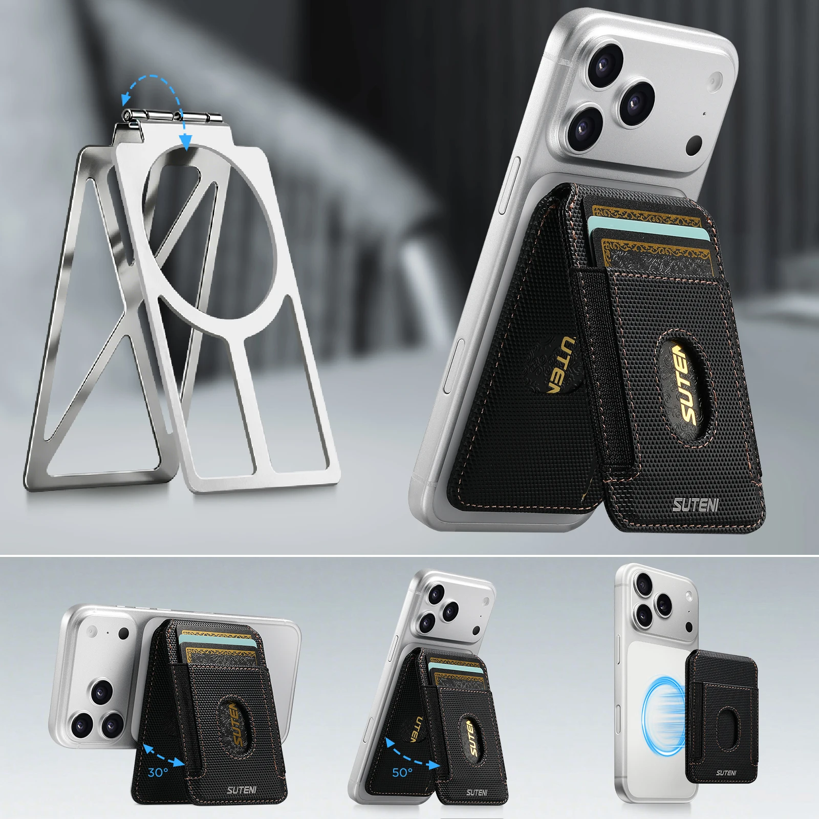 

SUTENI Mobile Phone Stand Magnet RFID Flip Pocket Card Holder Storage Can Fixed Metal Shaft Luxury Faux Leather Bag Wallet
