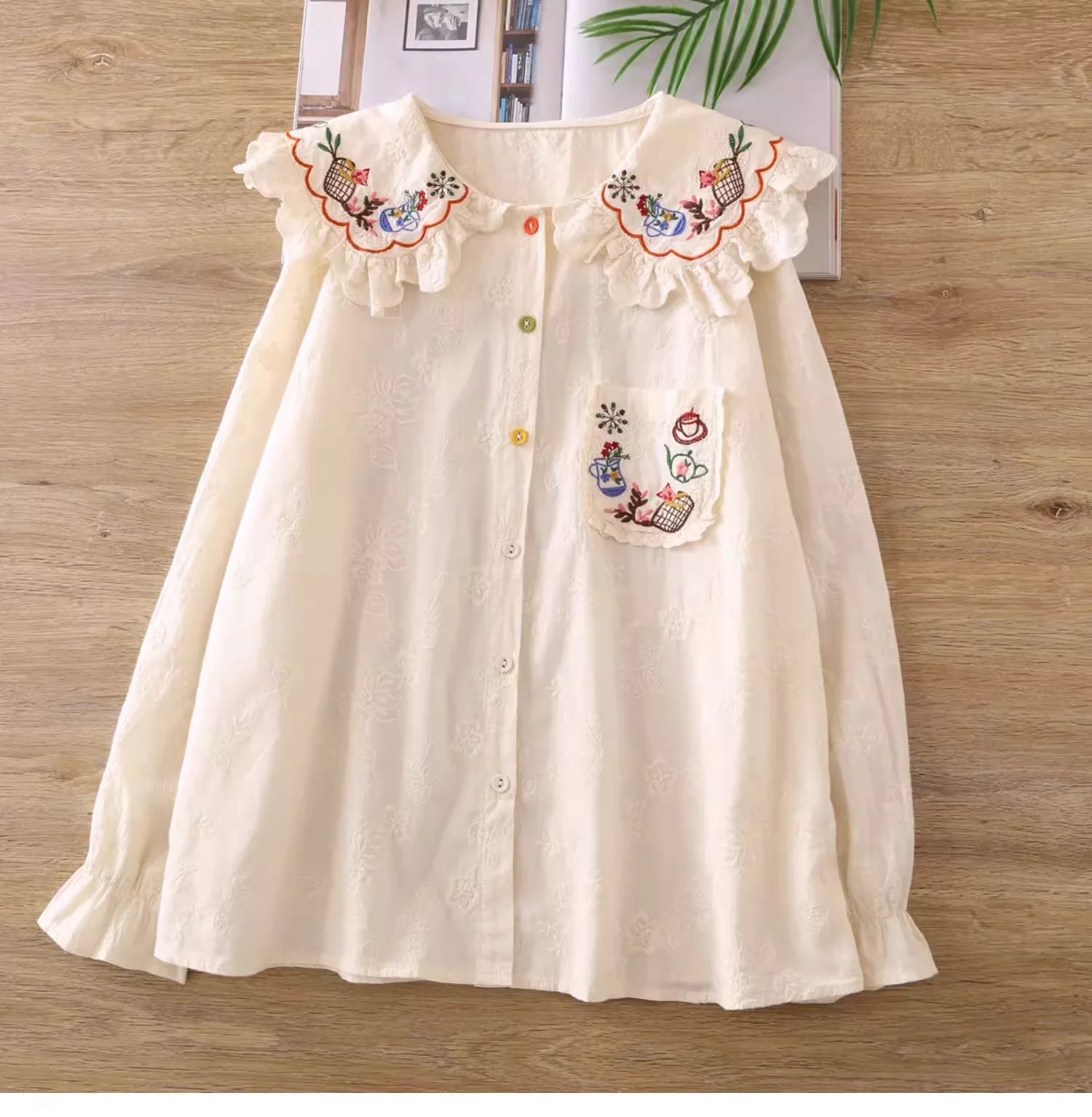 Japan Style Mori Girl Kawaii Cotton Long Sleeve Shirt Women Cartoon Embroidered White Beige Blouses Autumn Lolita Cute Clothes