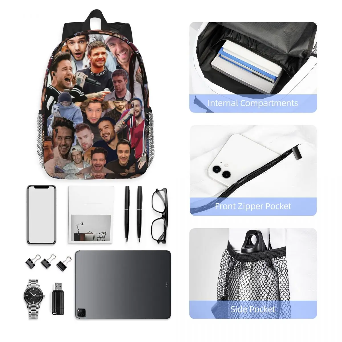 Liam Payne Photo Collage Backpack Student Boys Girls BookBag Men Women School Bag Laptop Shoulder Bags