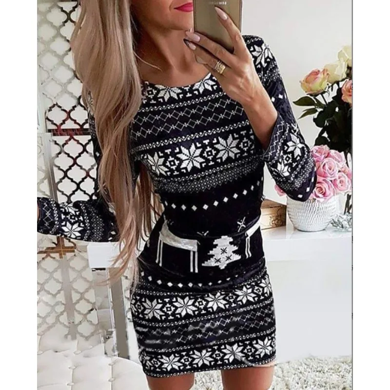 

New 2023 Spring and Autumn Creative Christmas Fashion Print Long Sleeve Tight Wrapped Hip Dress