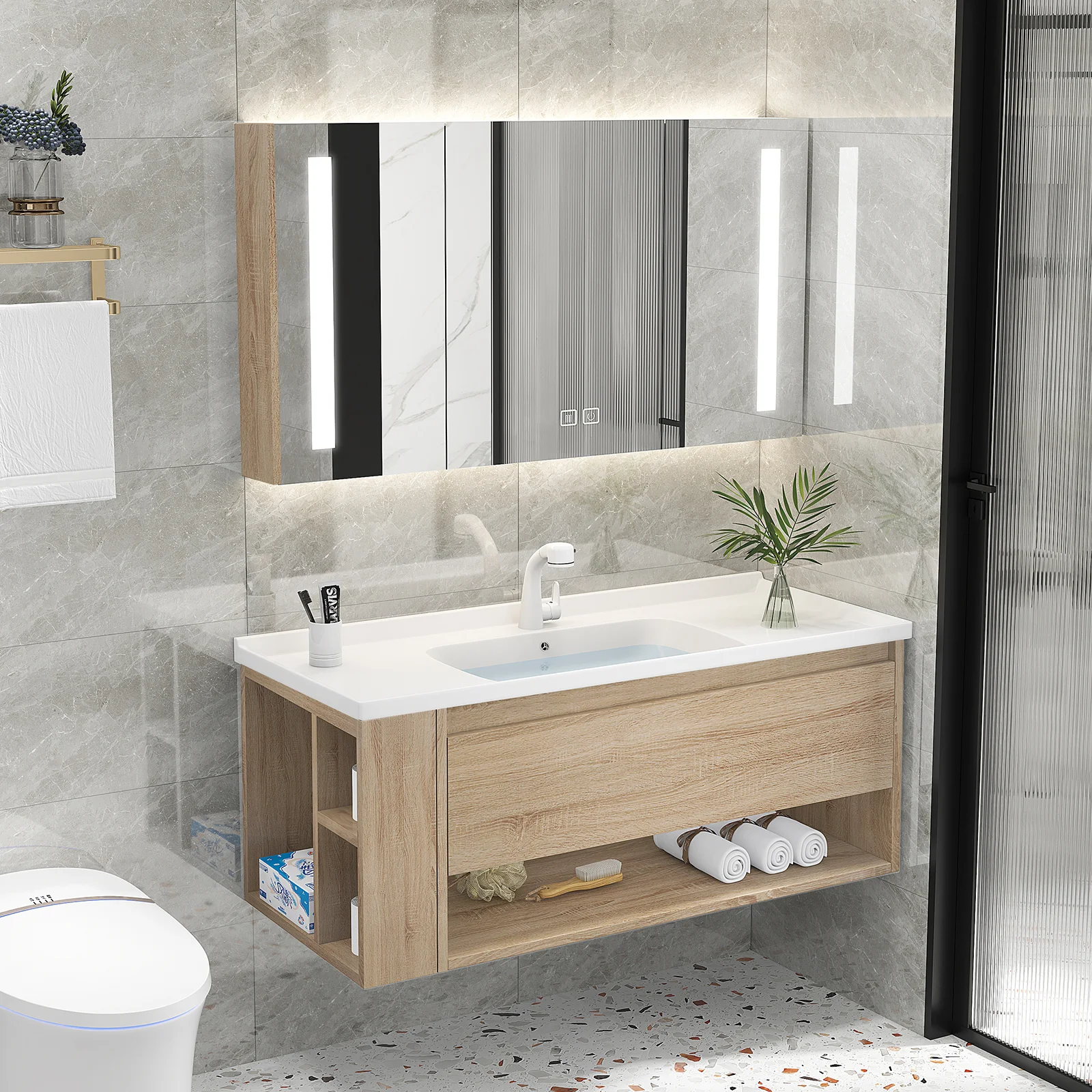 Modern Bathroom Furniture Sets 60 Inch High Quality Supplier Bathroom Vanity Mirror Solid Wood Bathroom Cabinet With Sink Basins