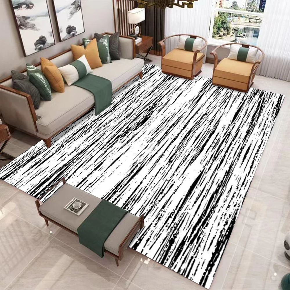 Abstract Black White Line Pattern Carpet  With Ink Splash Grid Scratch Strip Designsed Non Slip Rug For Living Room Decor