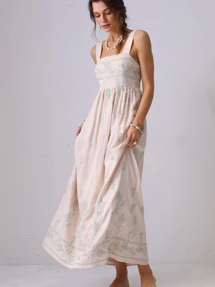 

High Quality French Floral Embroidered Dress 2025 Summer Holiday Casual Beach Maxi Dress Backless Suspender Women Long Dress