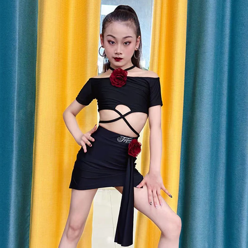 2023 Kids Latin Dance Clothes Girls Short Sleeves Tops Skirt Practice Weae Flower Performance Suit Cha Cha Rumba Dress DNV18916