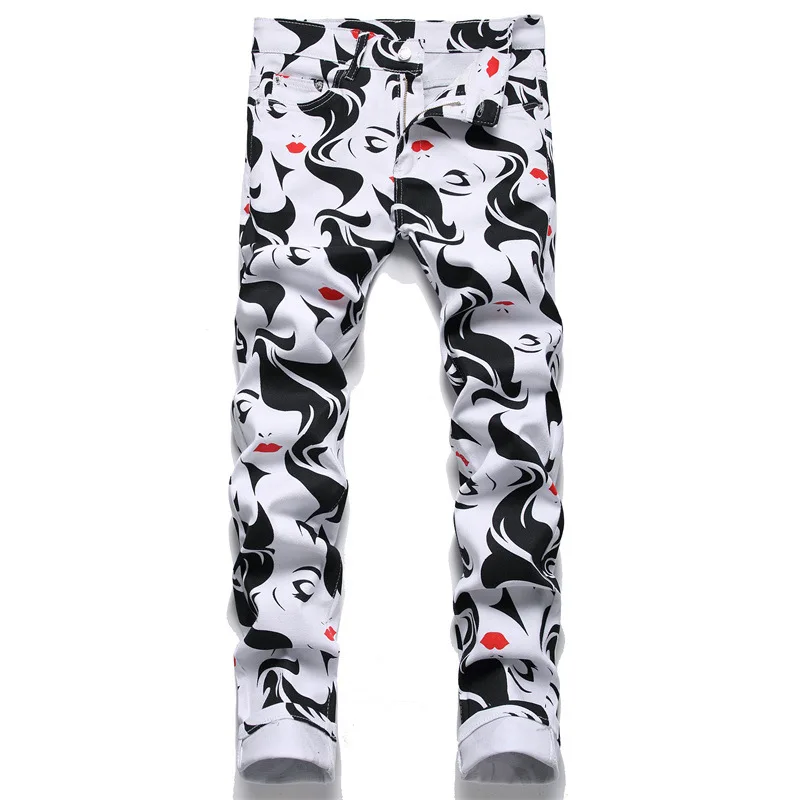 Black and White Printed Fashion Jeans Men2024New Street Trend Party Handsome Menswear Casual Slim Fit Tapered Pants