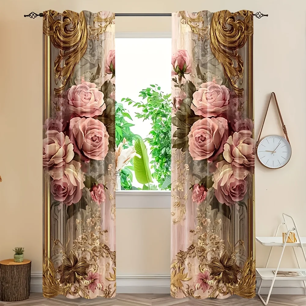 2PCS Vintage Curtains, Pink Rose Gold Frame Floral, Digital Print, Bedroom Living Room, Rod Pocket Polyester, Home Decor