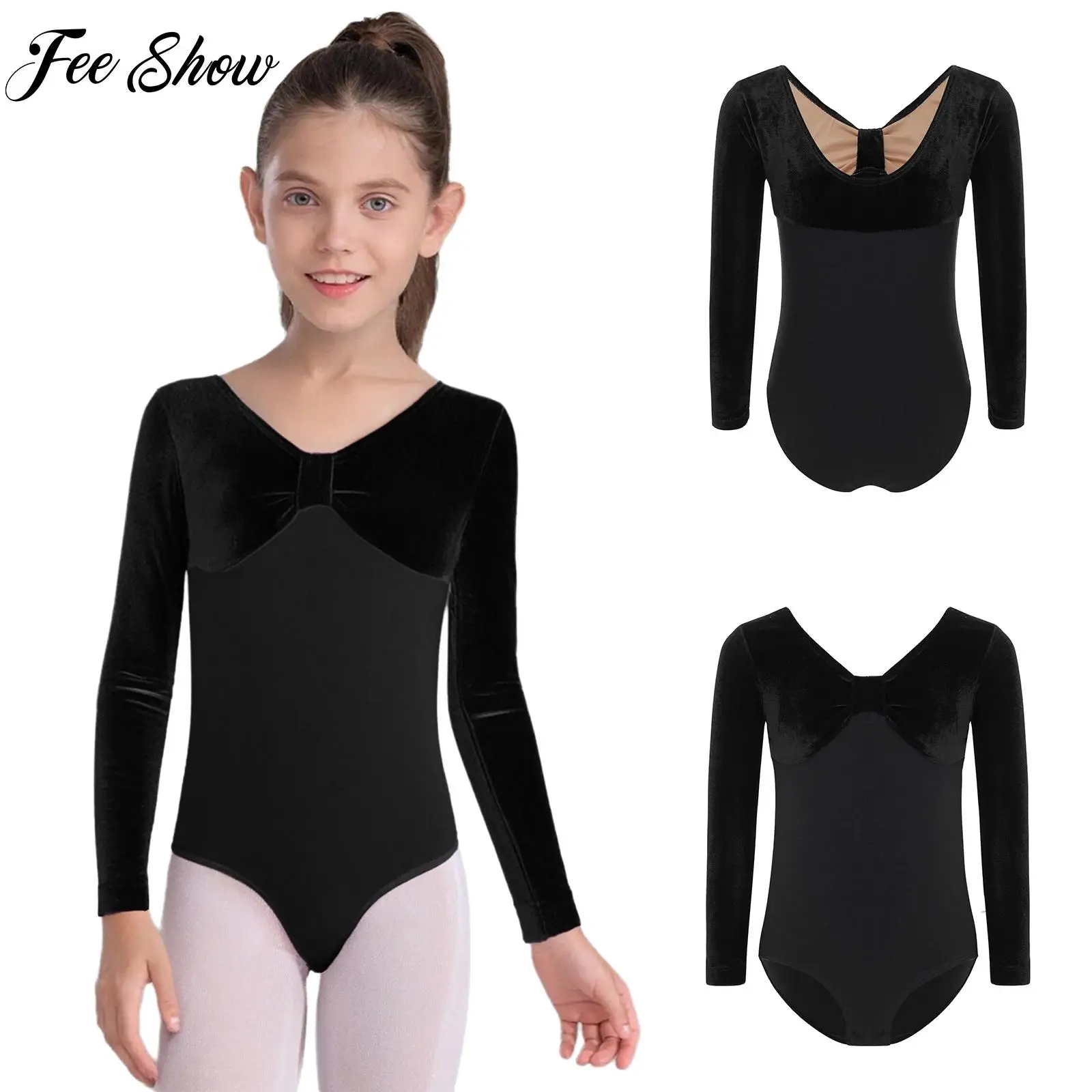 

Балетный купальник-юнитард для девочек, гимнастический костюм для фигурного катания, с длинным рукавом, с завязкой спереди, бархатный боди для выступлений