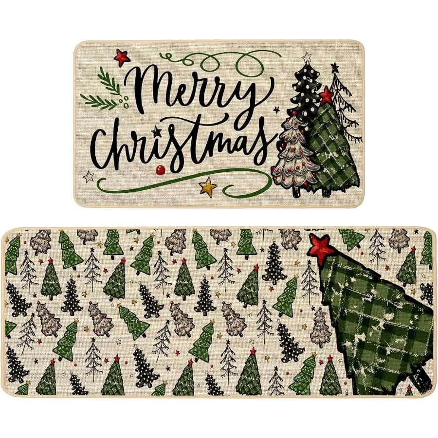 

Merry Christmas Kitchen Rugs Set of 2 Boho Christmas Trees Kitchen Mats for Floor Hallway Laundry Sink LowProfile Winter Holida