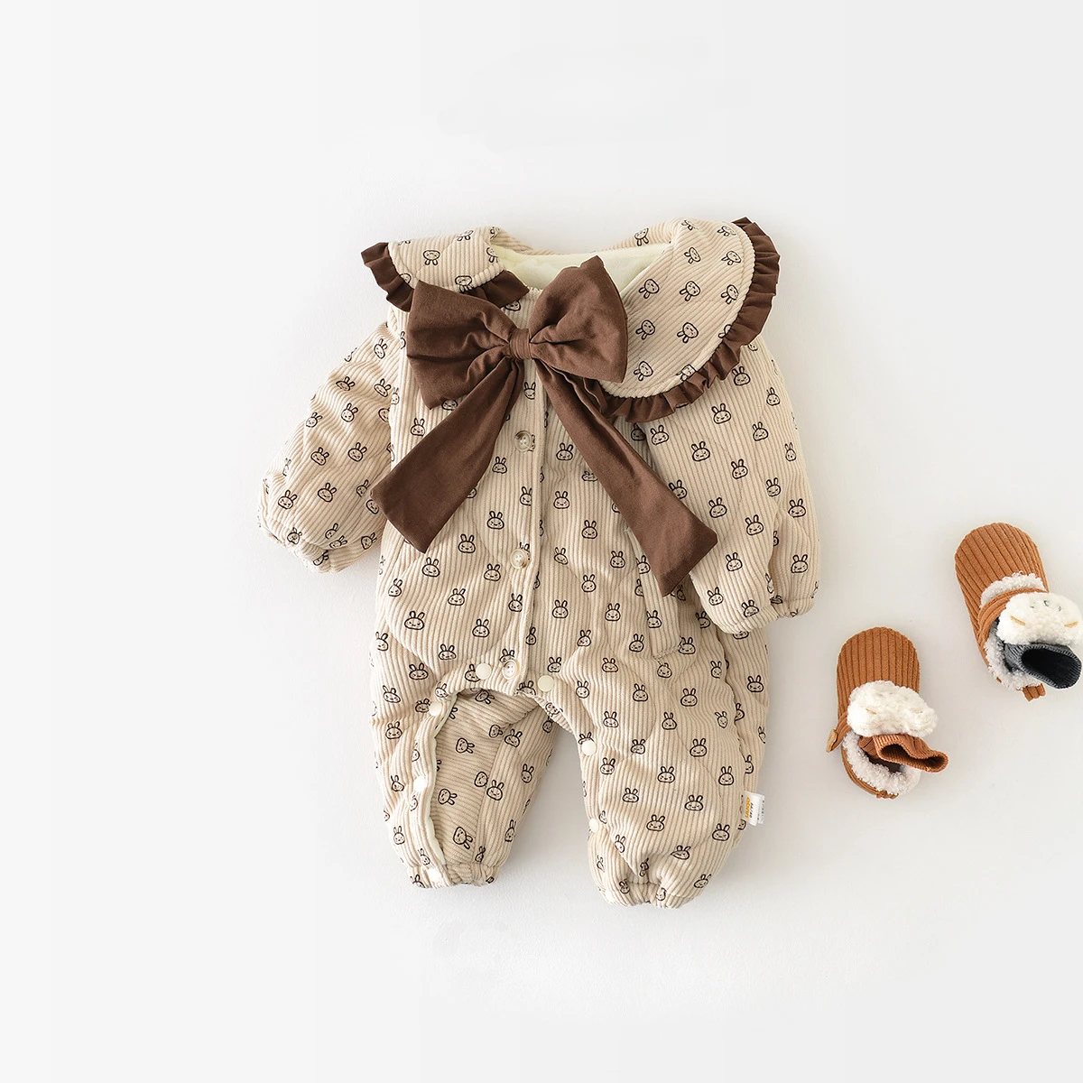 

Girls' Autumn and Winter Bodysuit Newborn Thickened Cotton Coat Baby Sweet Big Bow and Plush Long Creeper