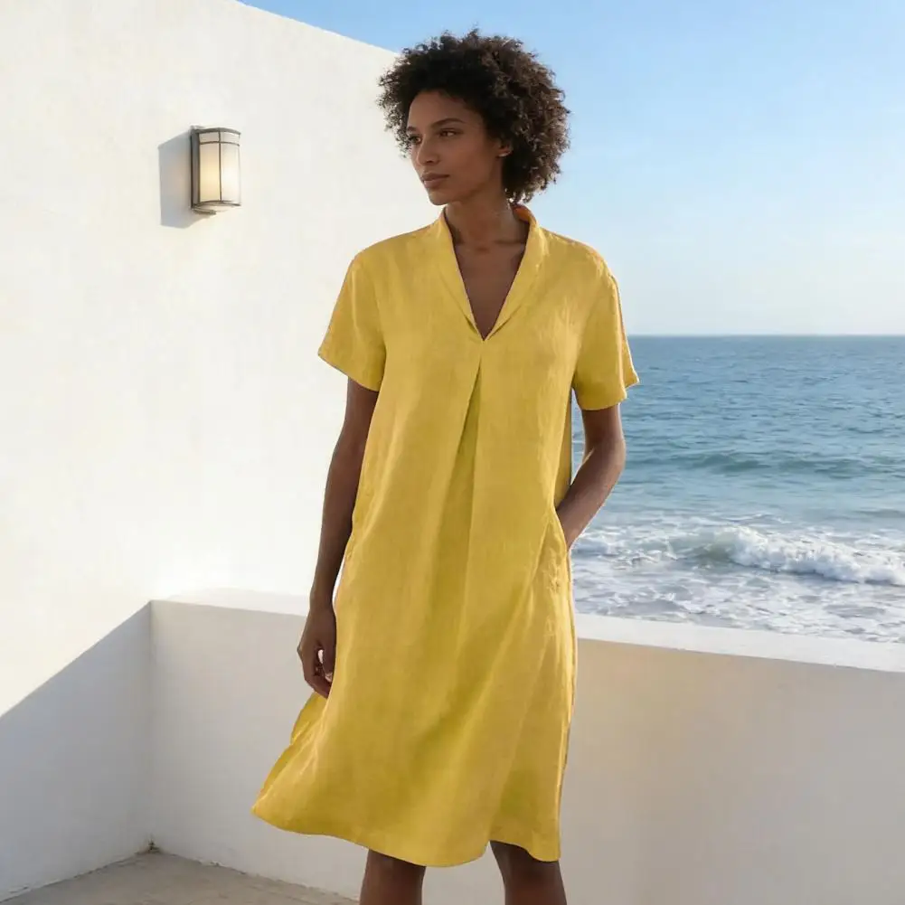 2026 Women Summer Dress Mid-length Flowing Skirt Dress Summer Midi Dress for Women with Pockets Short Sleeve Flowy Sundress Loos