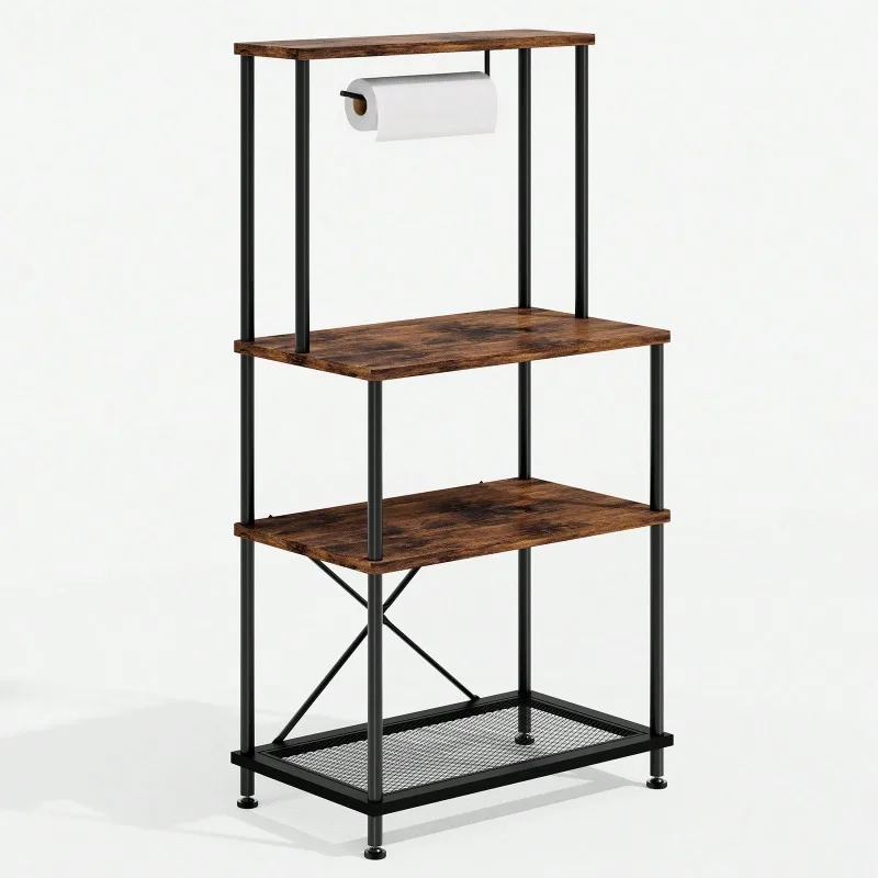 4-Tier Kitchen Bakers Rack With Paper Towel Holder, Small Microwave Stand Storage Cart Utility Workstation Organizer Shelf For Kitchen Living Room, Rustic Brown, 23.6x13x19.2 Inches