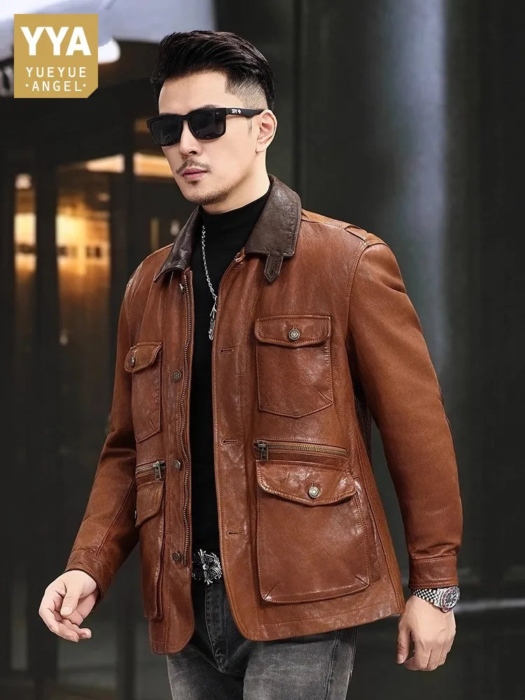 

Top Quality Natural Goatskin Men Jacket Multi Pocket Slim Fit Outerwear Turndown Collar American Hunting Genuine Leather Jackets