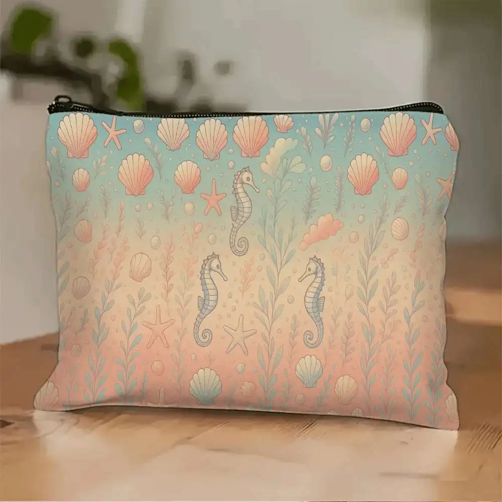 1 Piece Seahorse and Shell Print Makeup Bag - Multifunctional Zipper Pouch for Women, Perfect Travel Zipper Storage Bag, Fun Birthday Gift