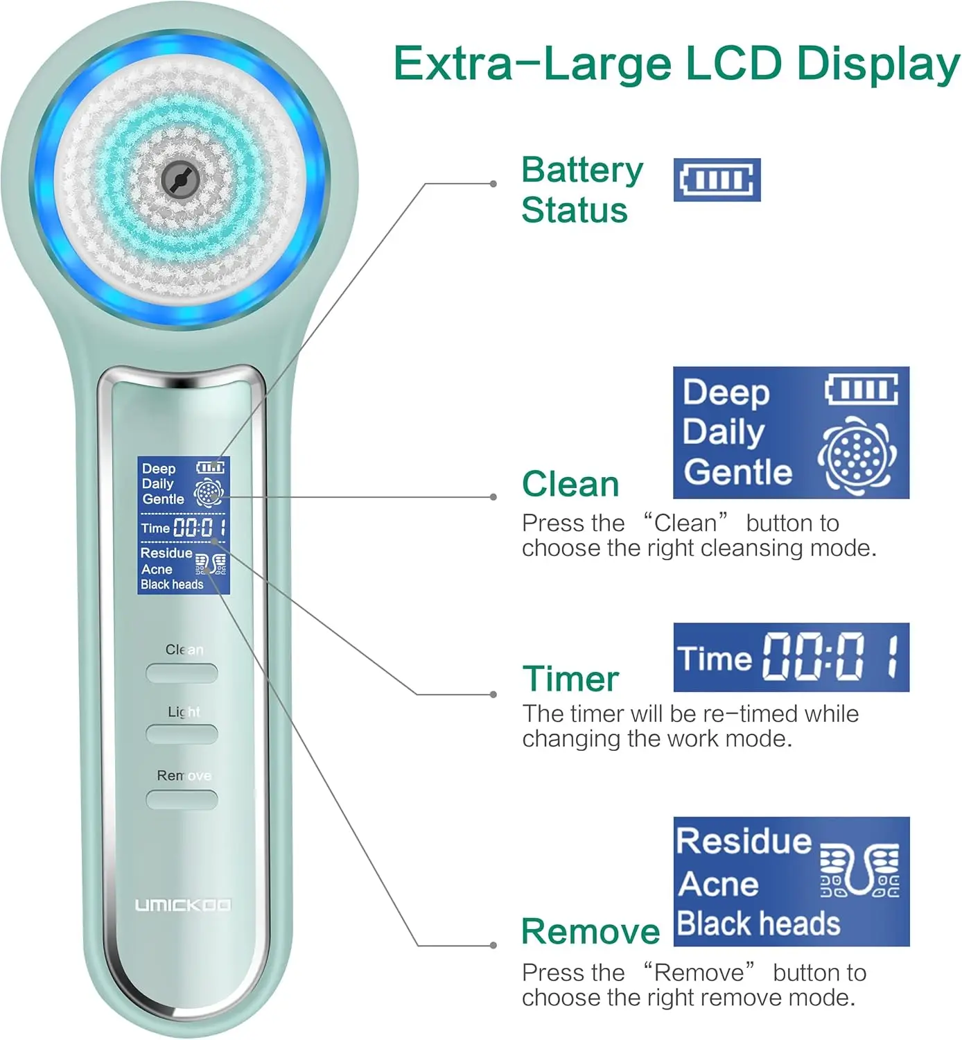 Waterproof Facial Cleansing Brush with LCD Screen, Blackhead Remover Vacuum, 5 Brush Heads for Exfoliating in Green