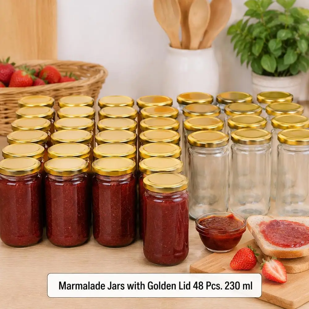 Glas-Marmeladengläser, Einmachgläser mit Deckeln, Marmeladengläser mit Golddeckeln, 48 Stück, 230 ml, Weithalsgläser zur Aufbewahrung, Saucengläser, Lebensmittelgeeignete Glasbehälter