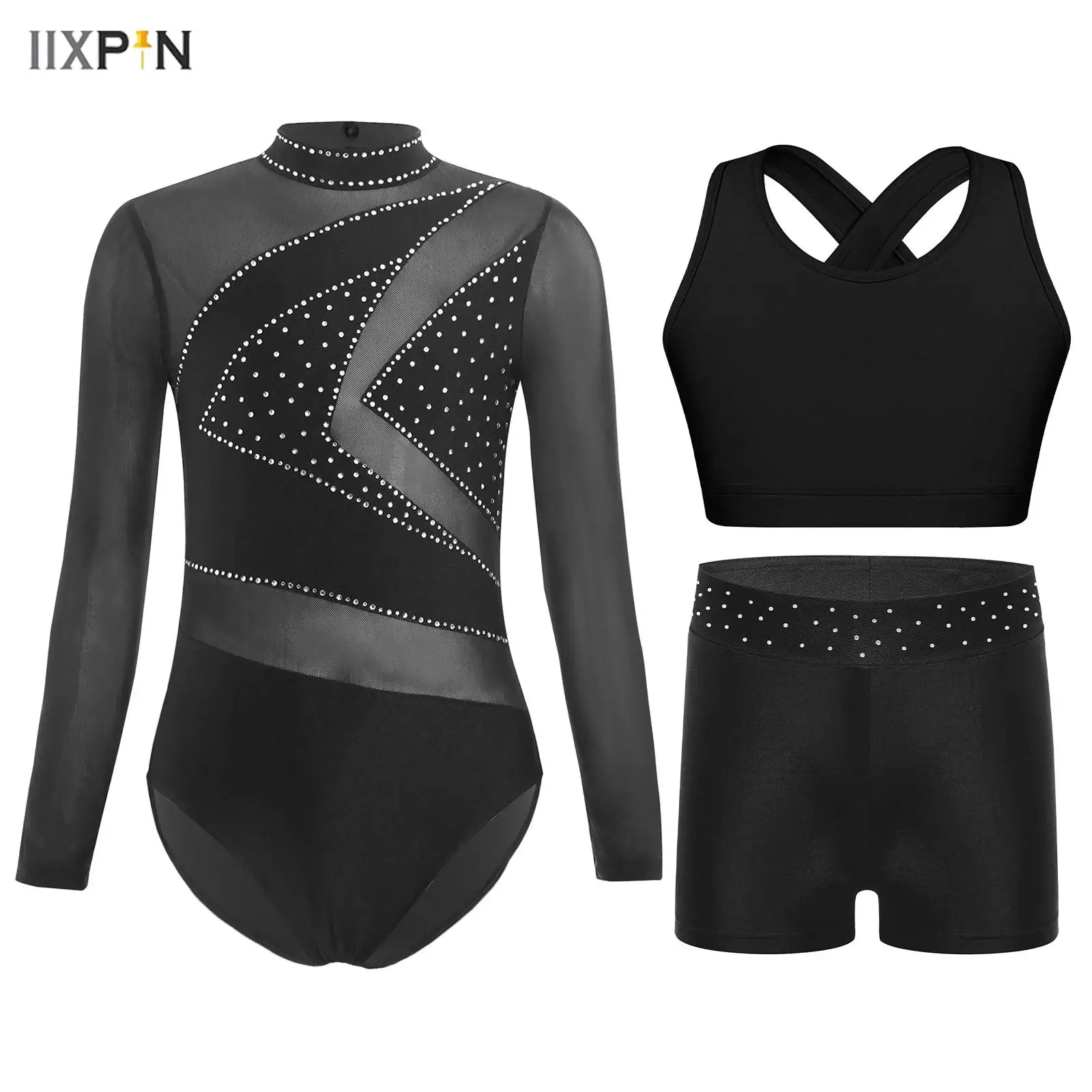 

3Pcs/Set Kids Girls Gymnastics Figure Skating Dance Performance Costume Sheer Mesh Long Sleeve Leotard+Cross Back Vest+Shorts