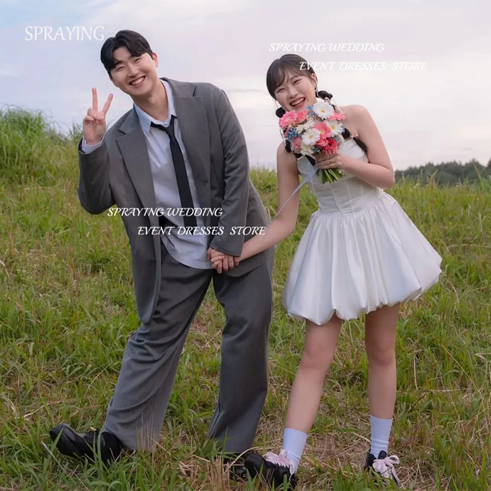 

SPRAYING Mini Ivory Satin Korea Corset Wedding Dress Photo Shoot Strapless A line Short Above Knee Bridal Gowns Customized 웨딩드레스