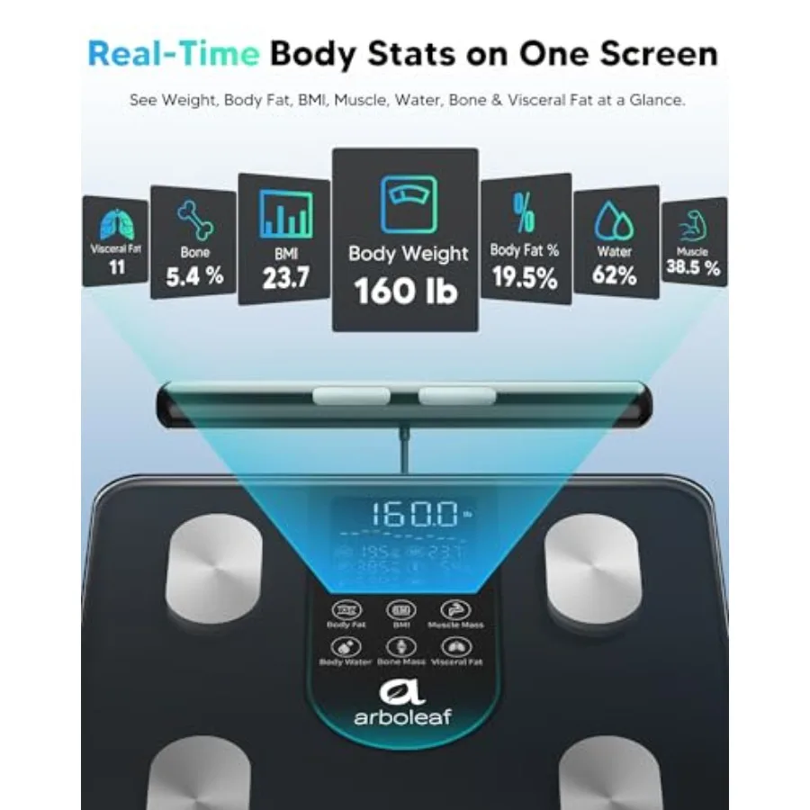 Bathroom smart scale for body composition analysis, ABS plastic, black, 7-in-1 display with 8-electrode dual-frequency BIA and