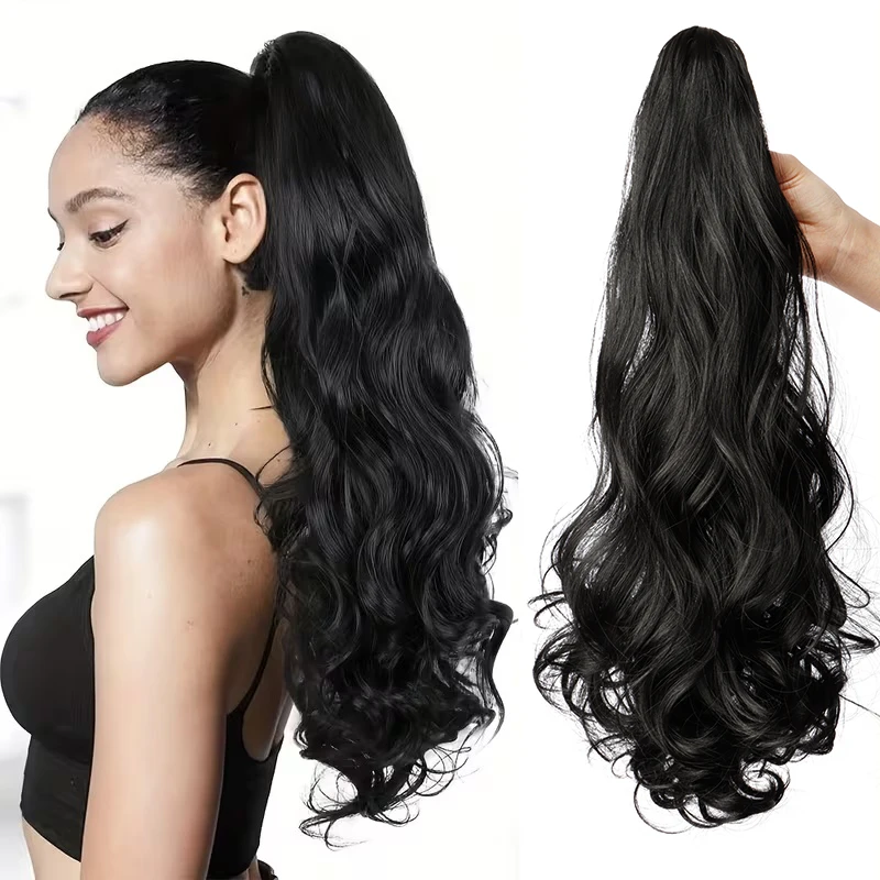합성 클로 클립 포니테일 헤어 익스텐션 긴 곱슬 웨이브 헤어 고온 섬유 헤어피스 여성용 일상용