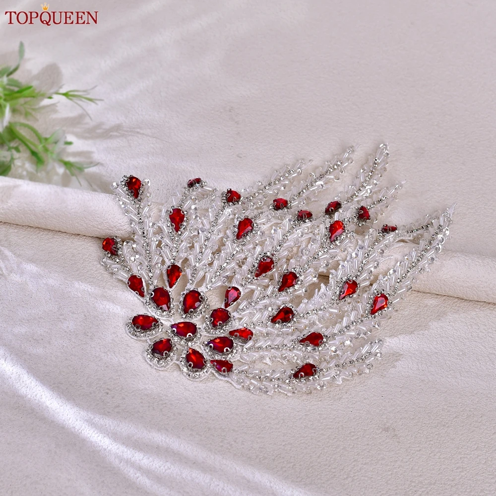 TOPQUEEN 손으로 꿰매는 파란색 술 아플리케, 빨간색 라인 석 정장 어깨 장식 패치, 철 또는 의상 드레스 SP66에 바느질