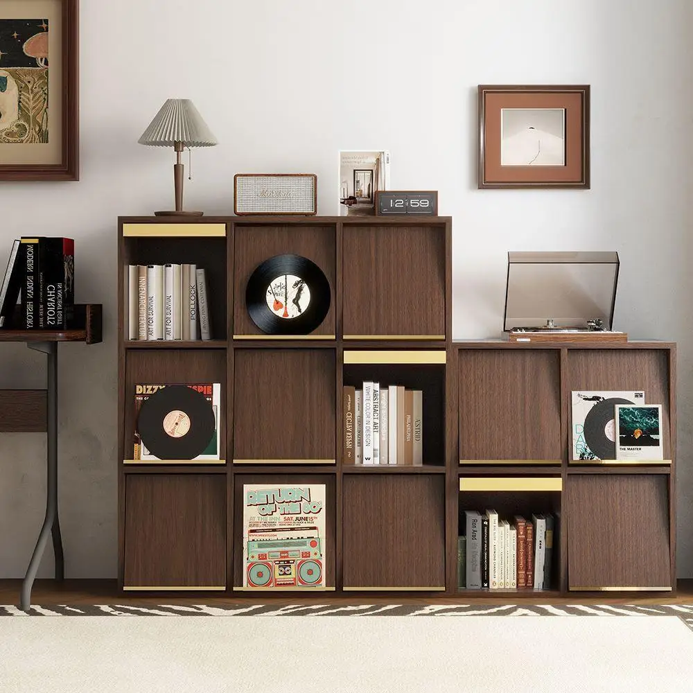 Solid wood bookcase, locker floor combination chest cabinet, retro walnut lattice cabinet