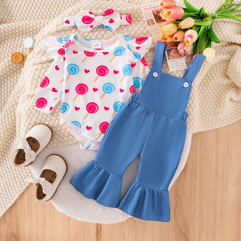 

2024-06-19 Lioraitiin Baby Girls 3PCS Pants Sets Long Sleeve Lollipop Print Romper Suspender Pants Headband Sets